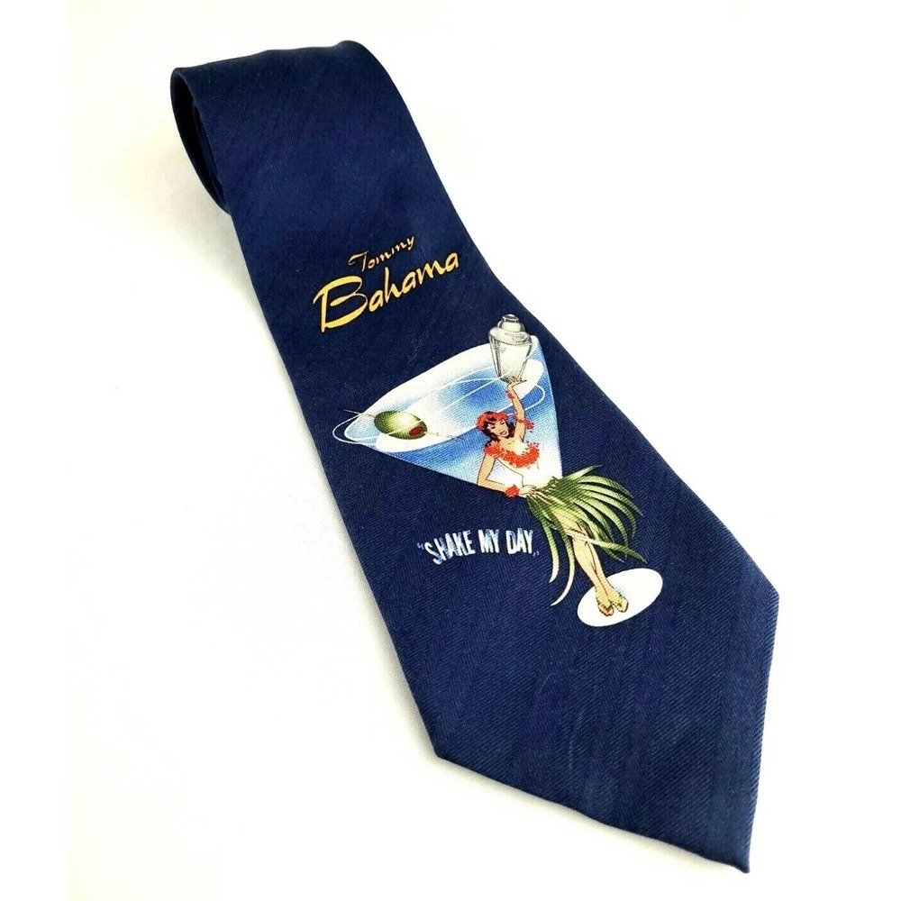 100% Silk Tommy Bahama Tie Hula Girl Martini Print Formal Event Hawaiian Navy